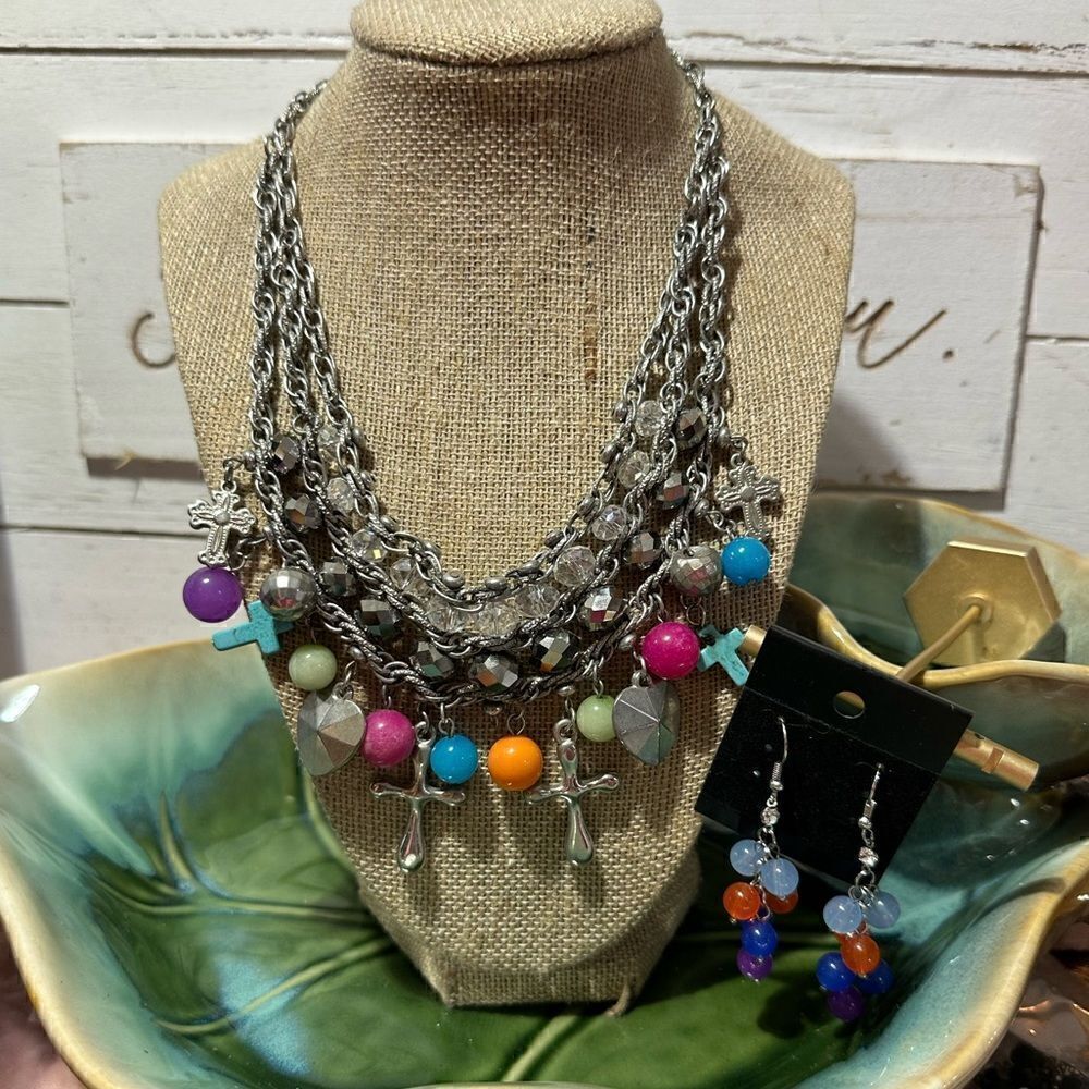 Multi Color Charm Necklace Crosses & Beads + Matching  Cluster Earrings